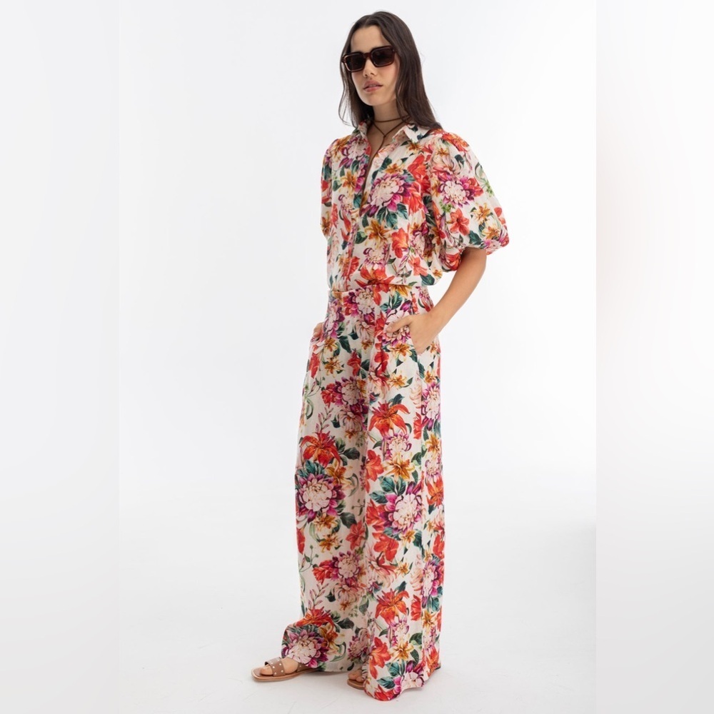 NEW LANHTROPY culotte linen pants in Full Bloom Print Small NWT wide leg - Picture 4 of 14